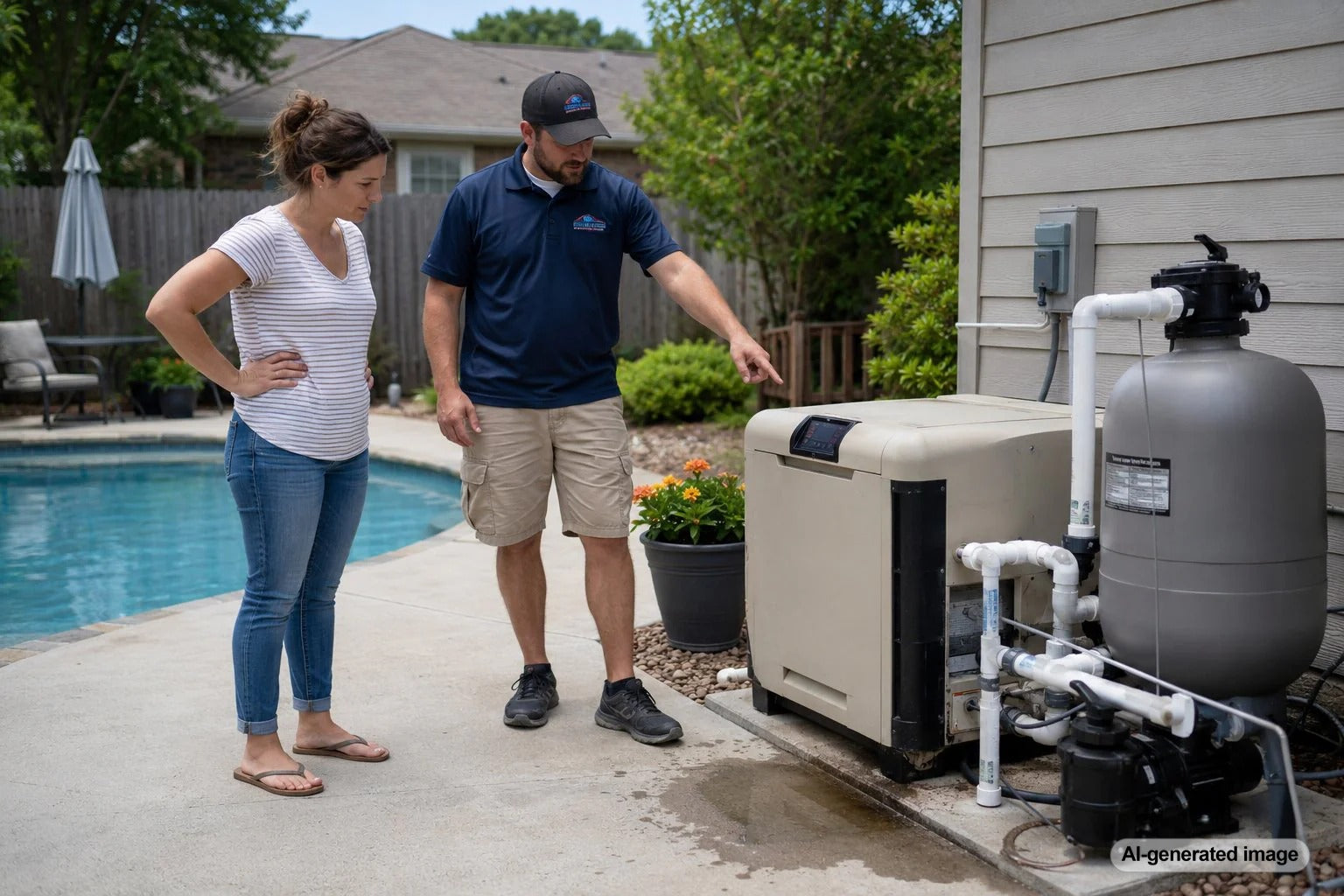 Pool heater equipment area showing possible water loss when the heater is running