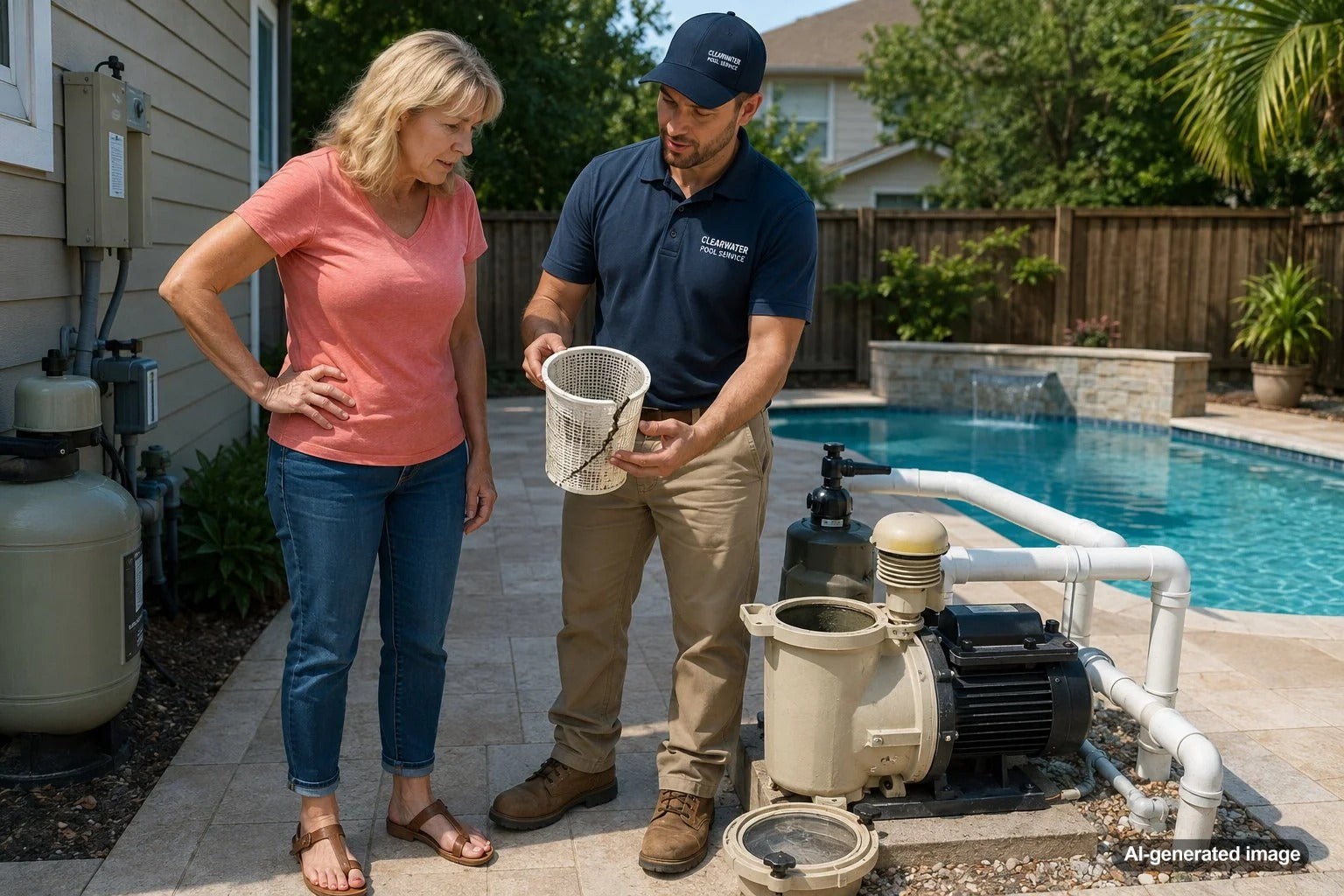 Cracked or warped pool pump strainer basket being inspected beside swimming pool equipment