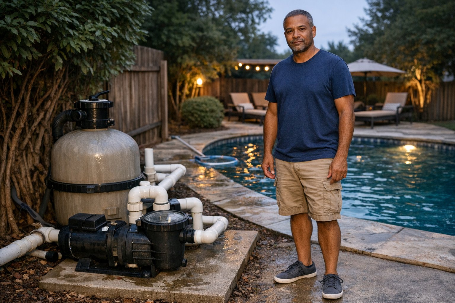 Pool pump and filtration equipment beside a backyard swimming pool illustrating overnight prime loss troubleshooting