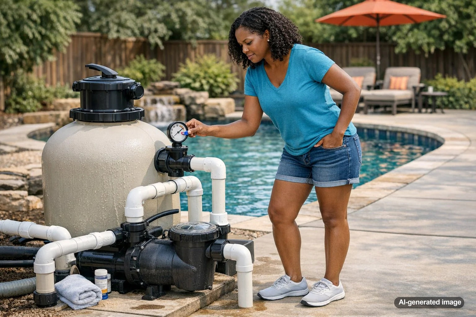 Pool equipment and pressure gauge showing a fast-rising pool pump pressure problem