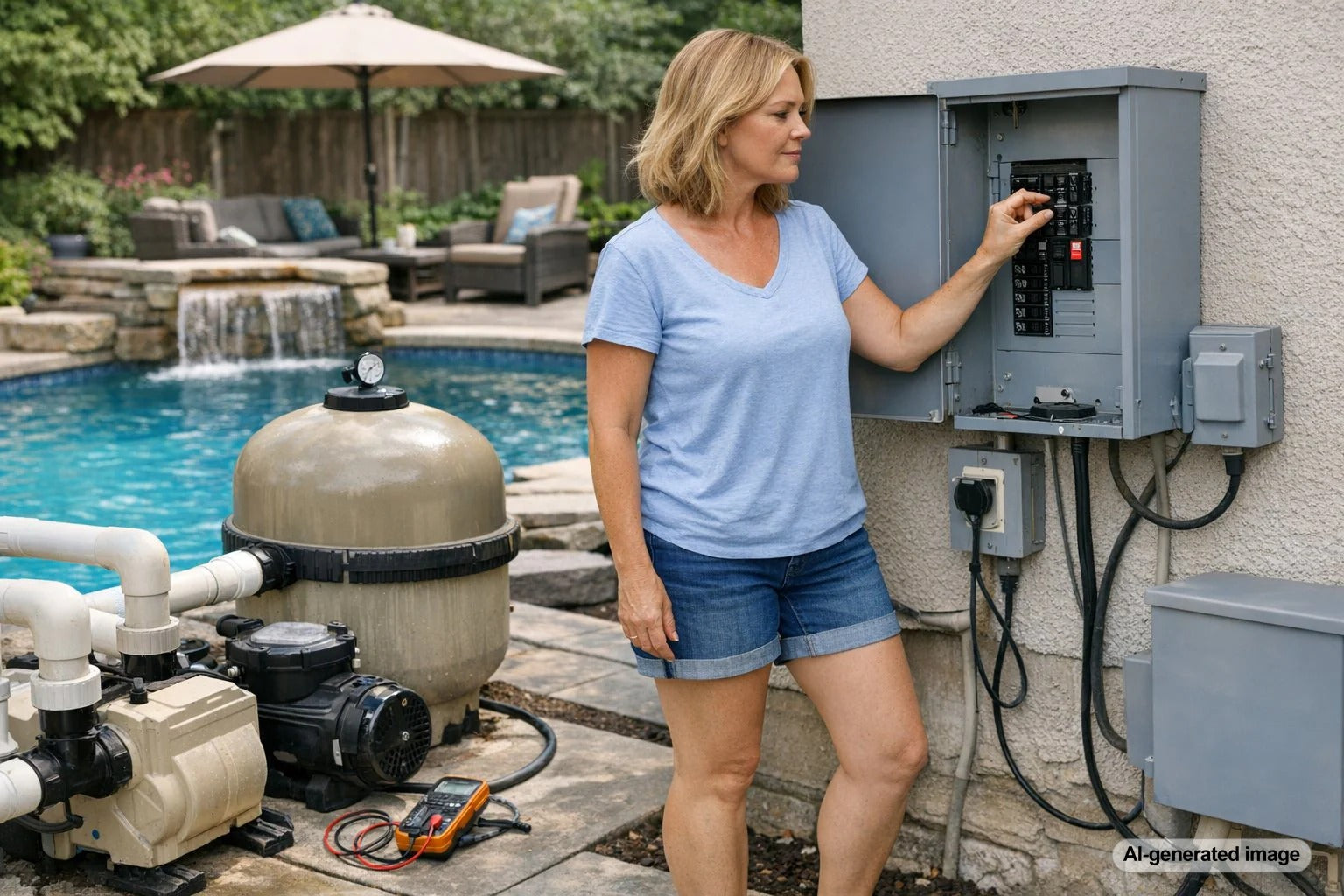 Pool pump equipment near a swimming pool with a circuit breaker concern
