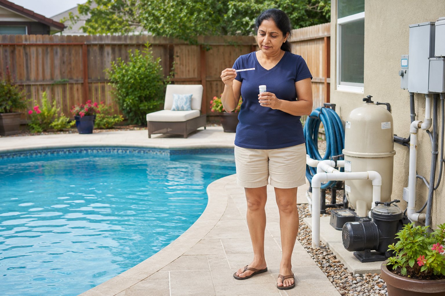 Clear backyard swimming pool water that feels slimy due to possible algae, biofilm, or water chemistry issues