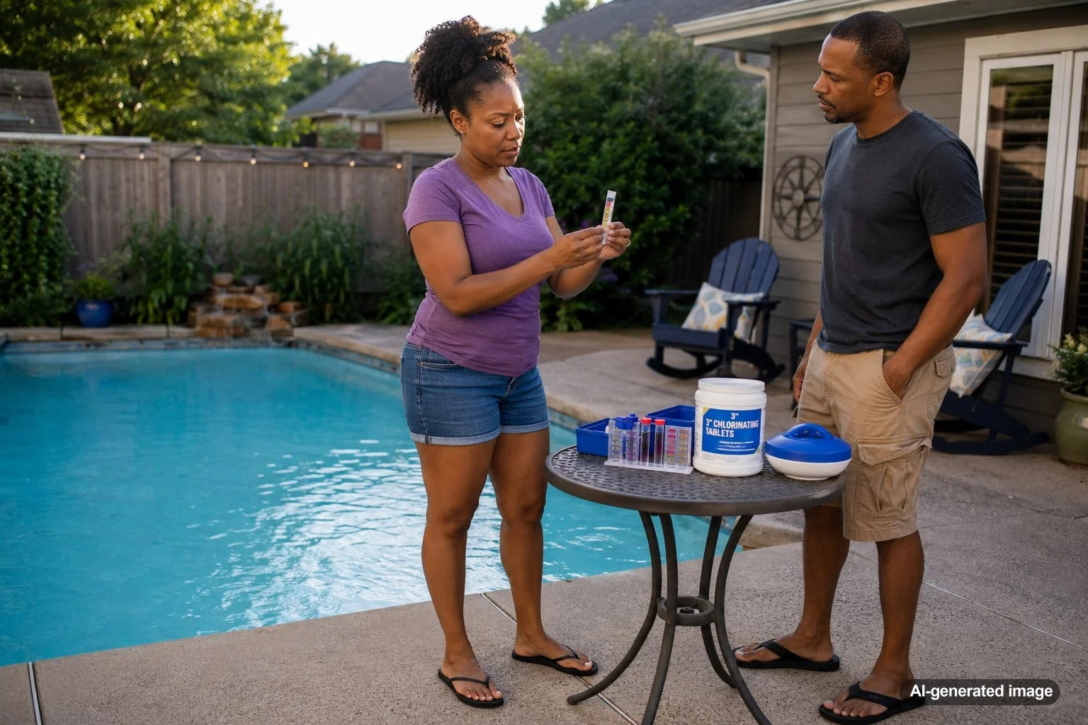 Pool owner testing backyard swimming pool water for stabilizer buildup caused by chlorine tablets