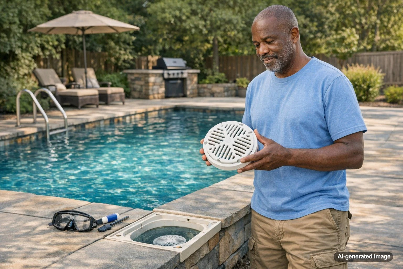 Pool main drain cover underwater illustrating pool drain safety and entrapment prevention