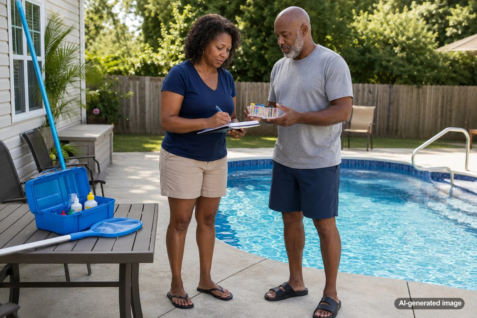 Pool owner reviewing a water test log beside a clean backyard swimming pool