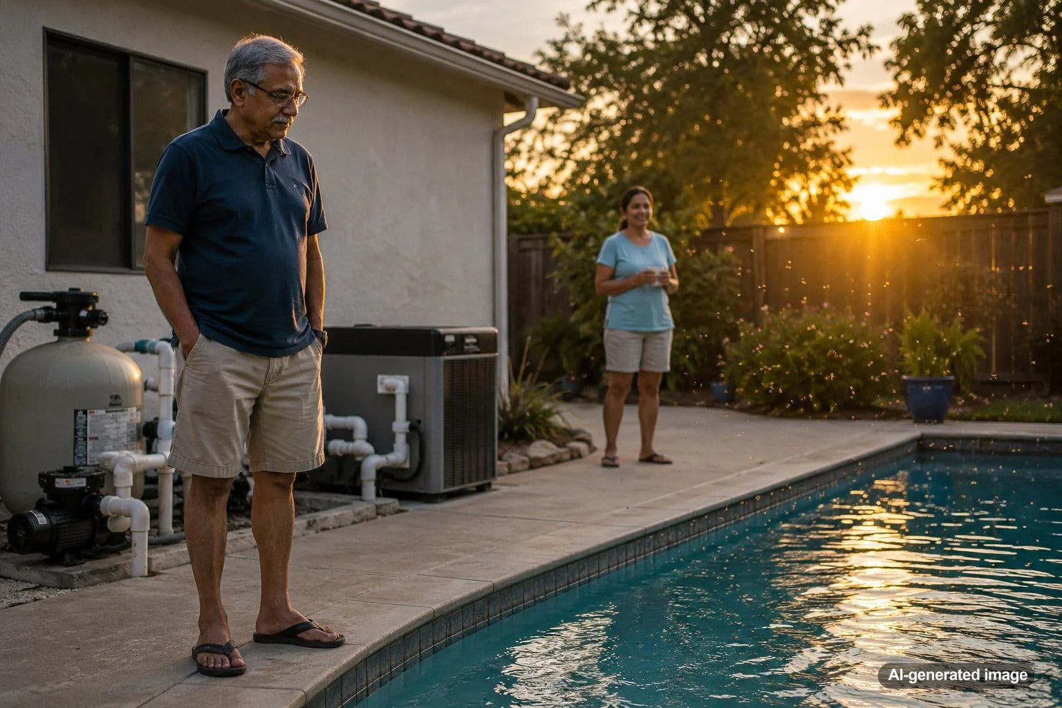 Gnats hovering over a backyard swimming pool at sunset with calm reflective water