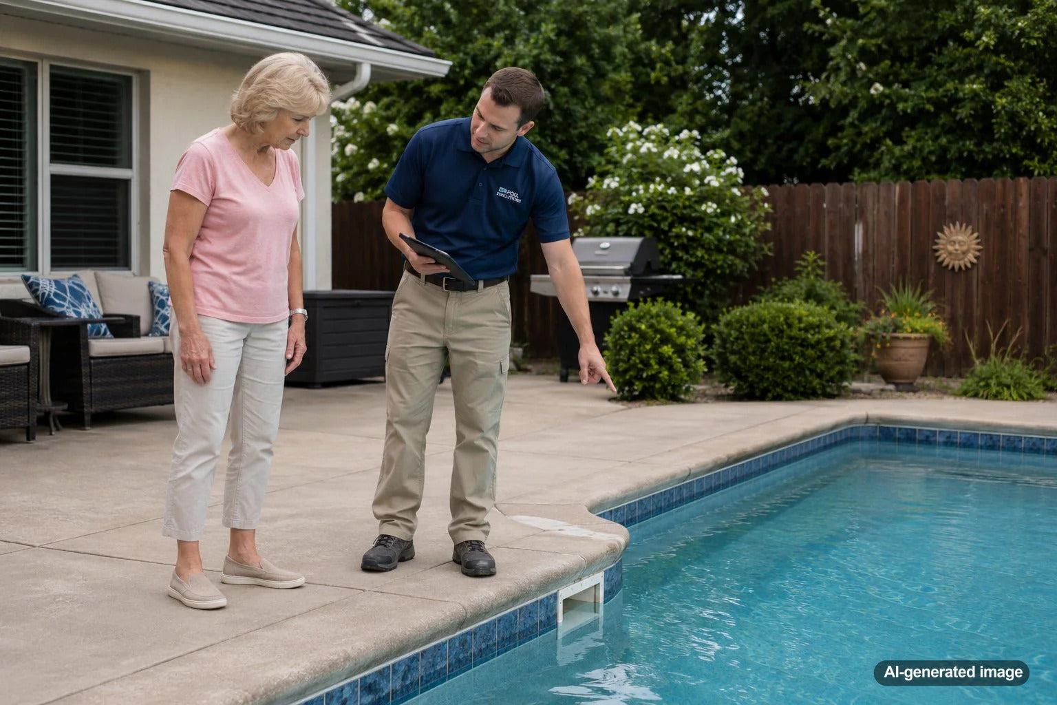 Home seller checking a swimming pool for possible water loss before listing the property