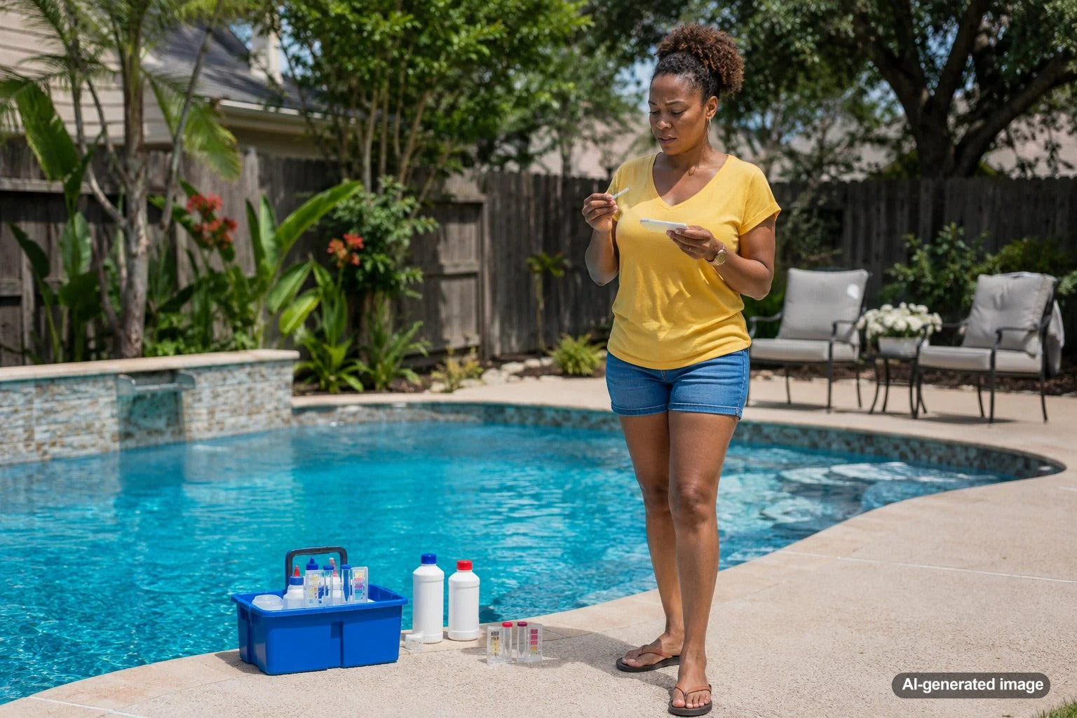 Pool water testing kit beside a swimming pool showing high alkalinity troubleshooting for homeowners