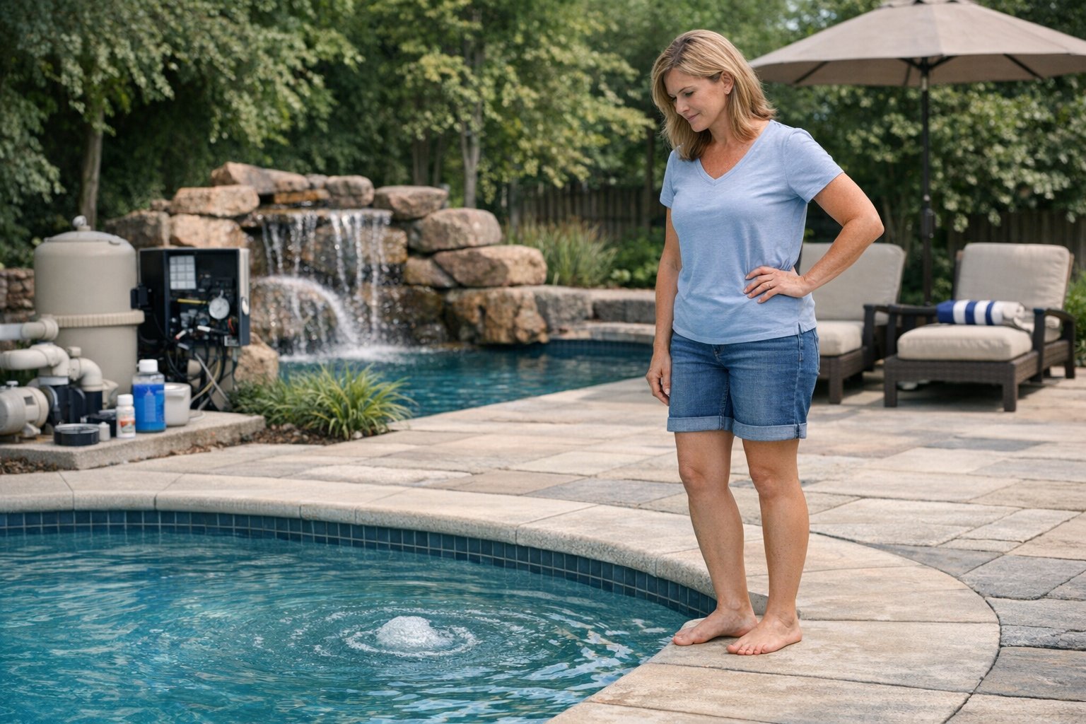 Pool bubblers on a tanning ledge with weak water flow during troubleshooting