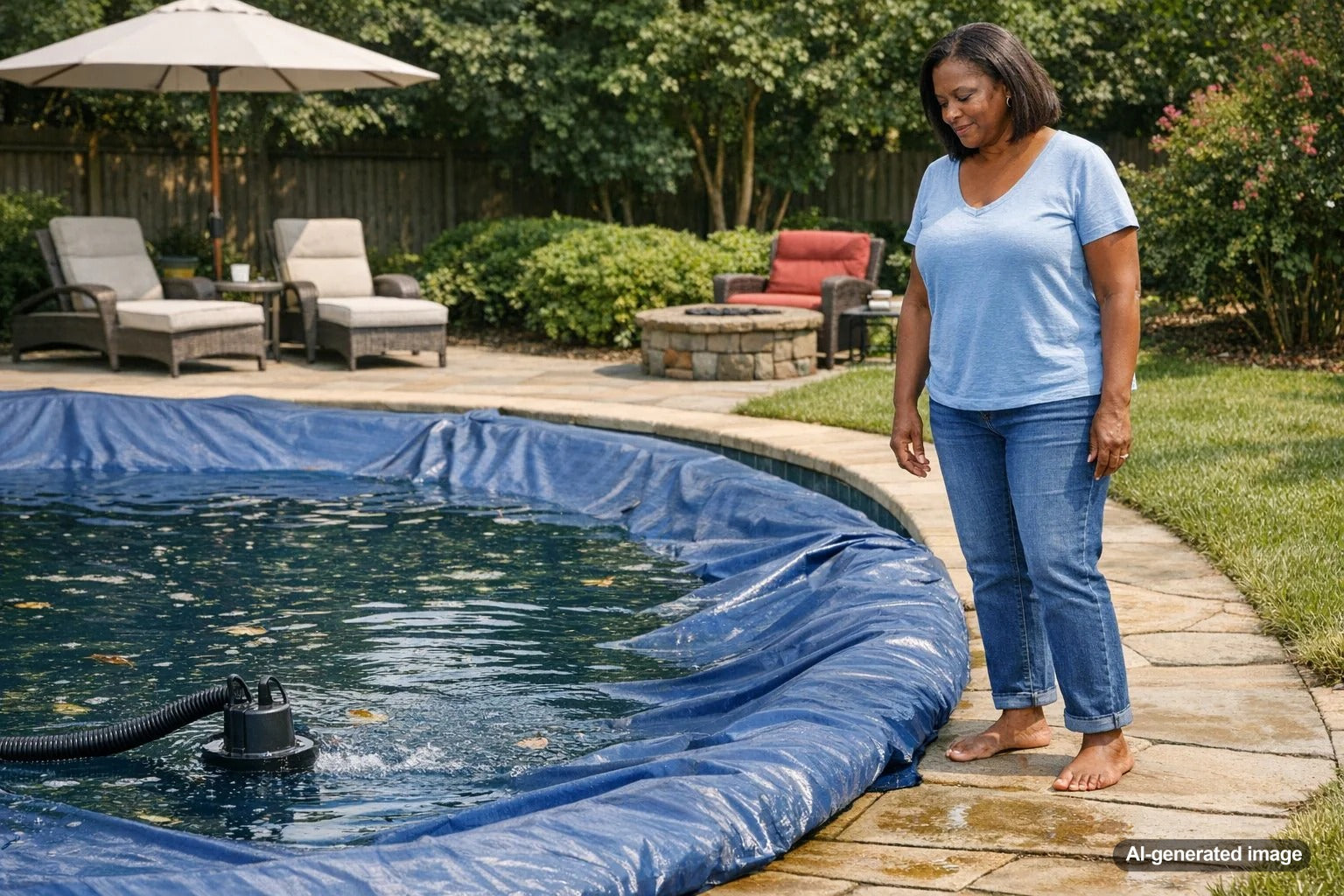 Standing water collected on a backyard pool cover during off-season maintenance