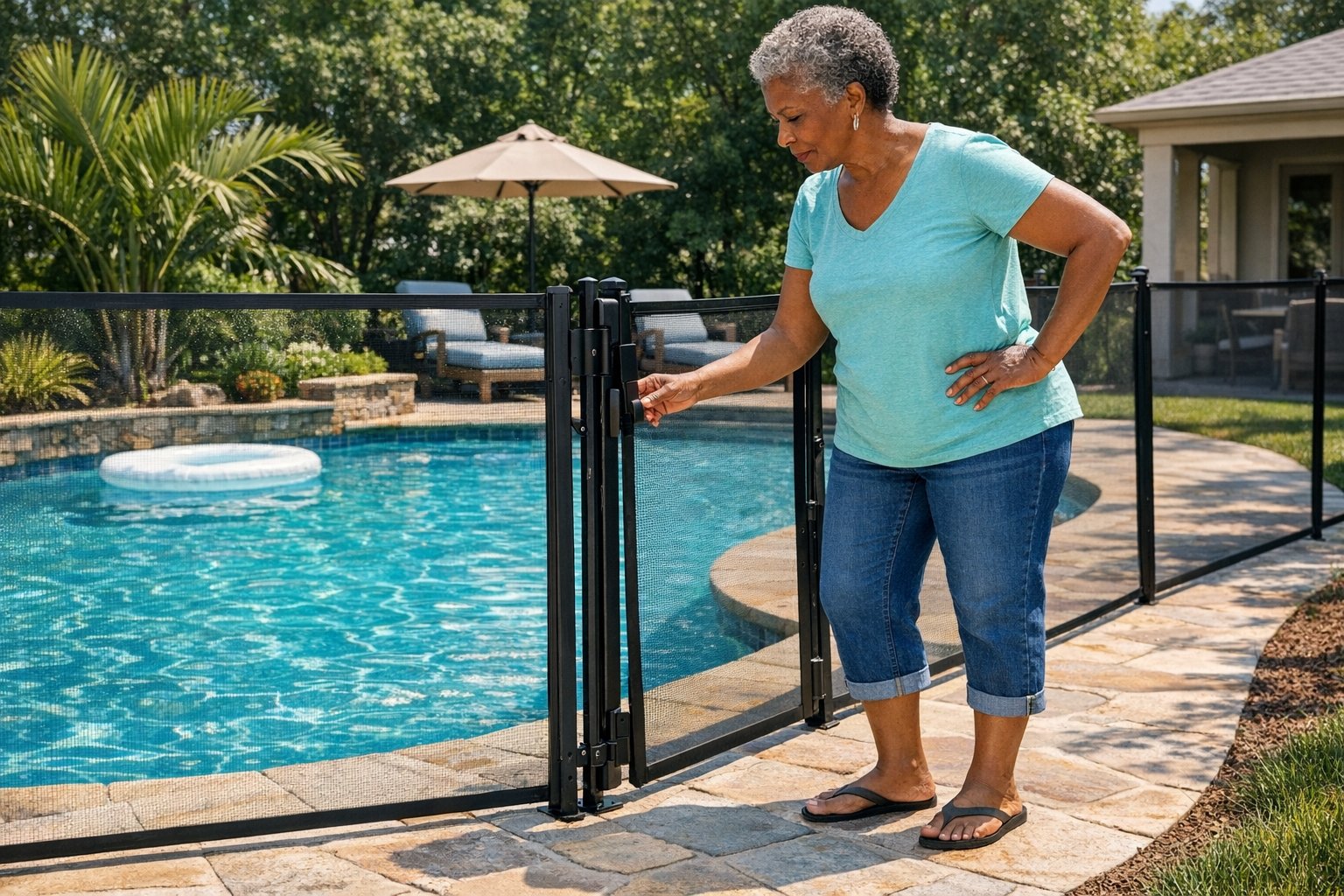 Pool fence gate near a backyard swimming pool that is not closing properly