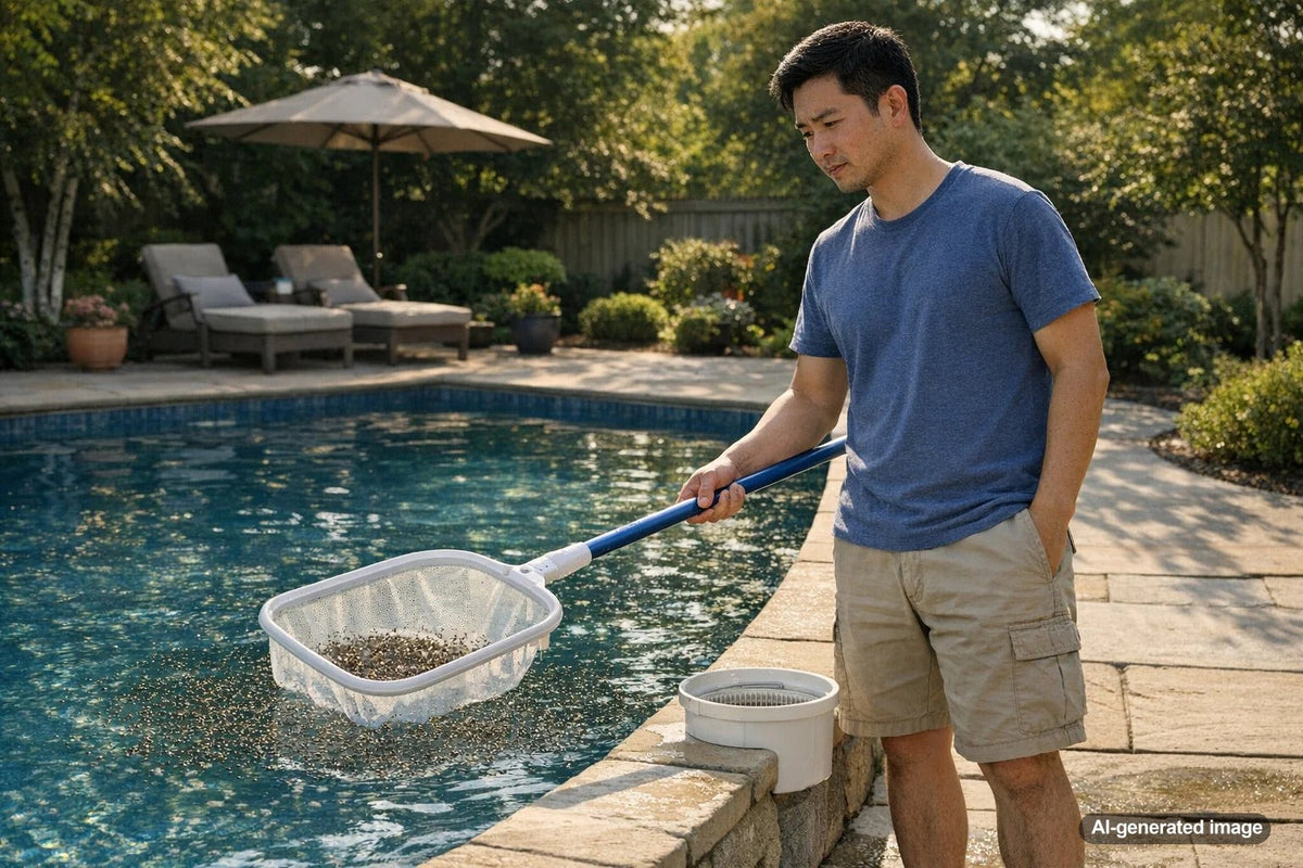 Pool water at dusk with small swarming midges hovering above the surface near backyard lighting