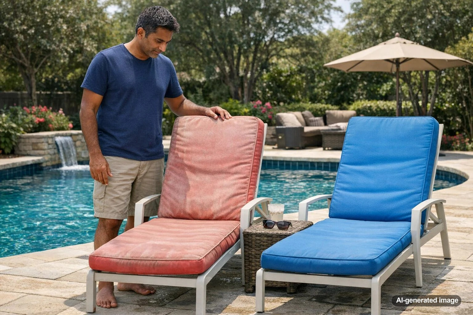 Sun-faded pool furniture showing discoloration from UV exposure and poolside conditions
