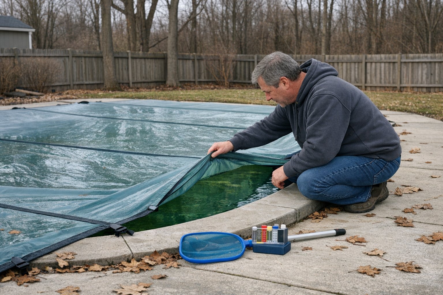 Green swimming pool water visible beneath a winter cover during off-season pool care inspection