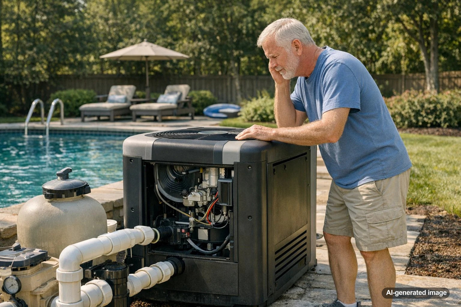 Pool heater equipment pad with a homeowner investigating unusual heater noise