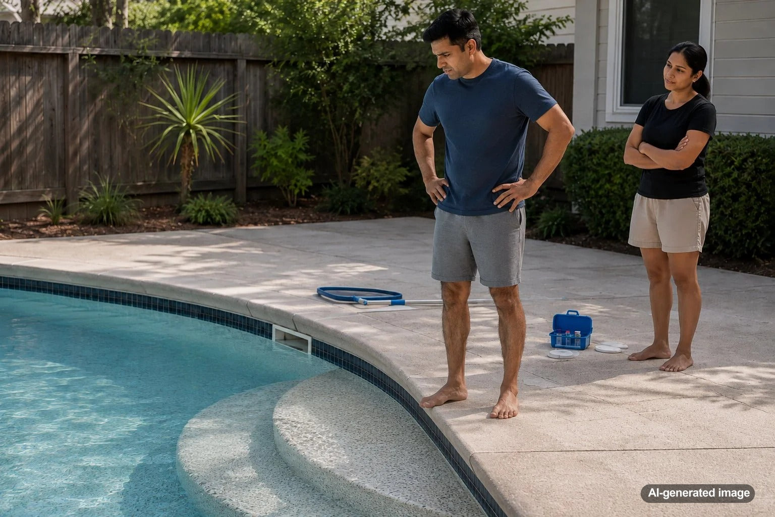 Pool owner checking rough swimming pool plaster that feels abrasive underfoot