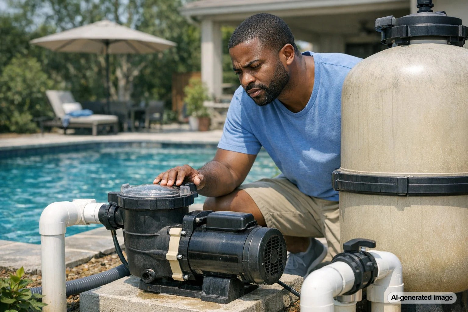 Pool equipment pad with a swimming pool pump that may be making a loud screeching noise