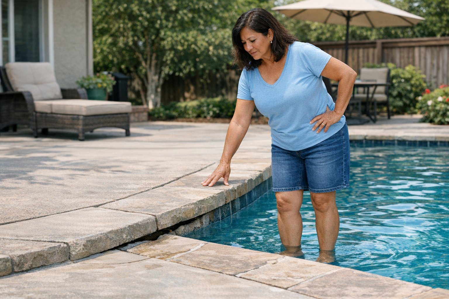 New backyard pool area showing signs of settling after installation with pool deck and coping concerns