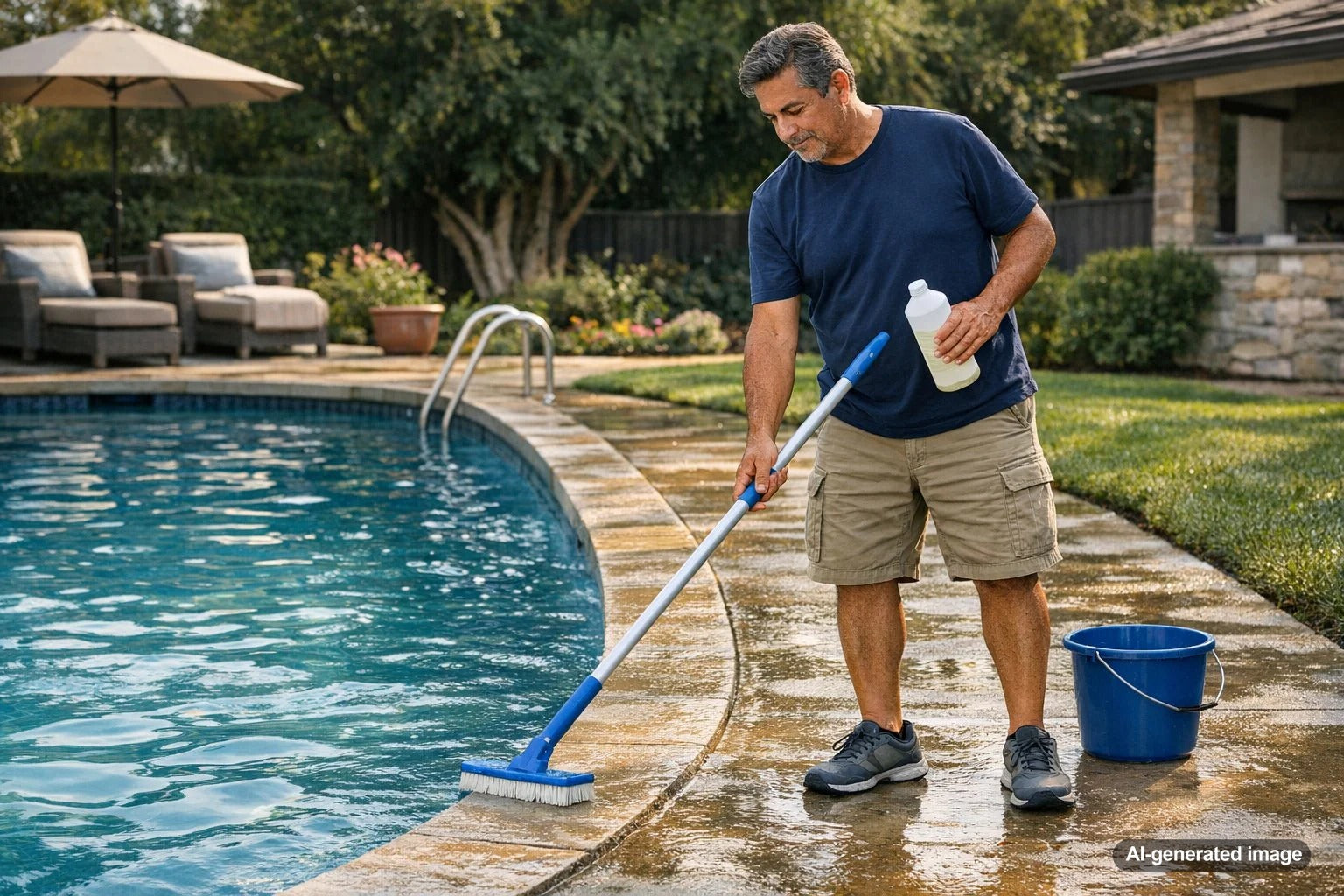 Pool edge and coping area showing a slippery waterline surface that needs cleaning and maintenance