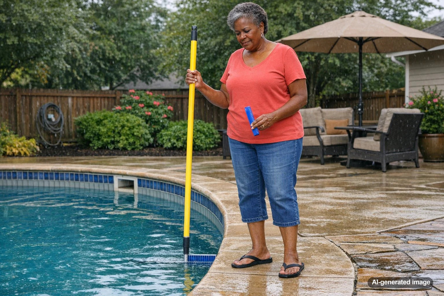 Pool water level dropping after rain with a homeowner checking for possible evaporation or leak-related water loss