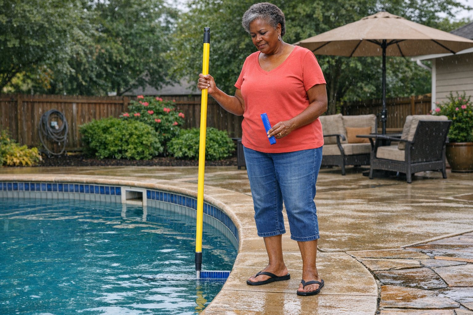 Pool water level dropping after rain with a homeowner checking for possible evaporation or leak-related water loss