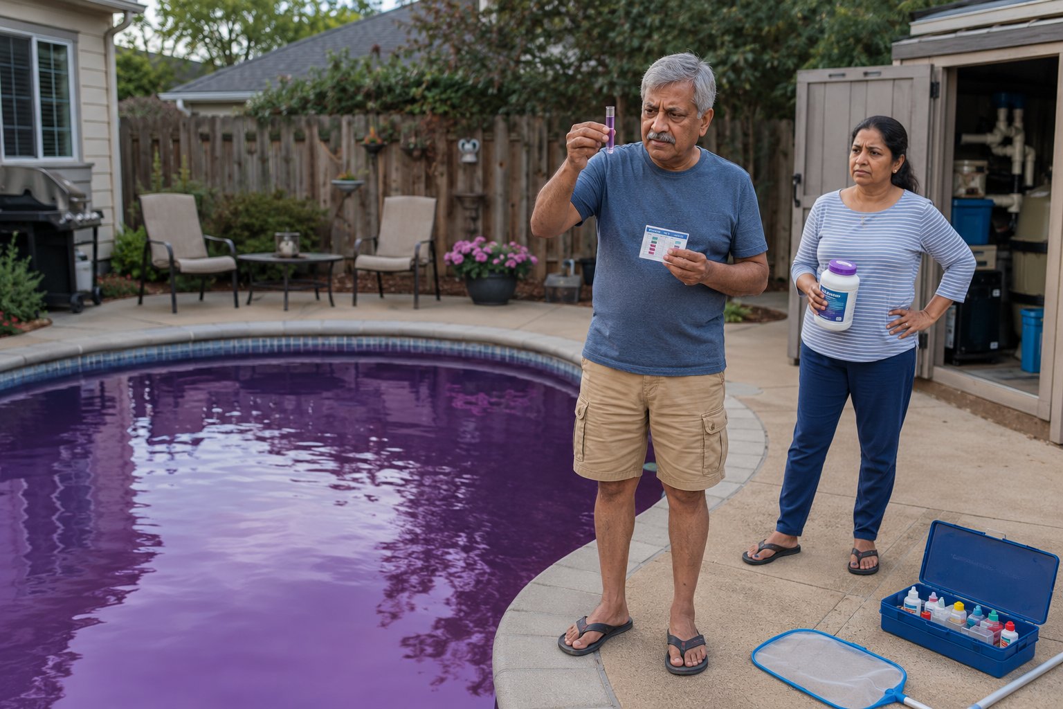 Purple swimming pool water with pool care causes and fixes