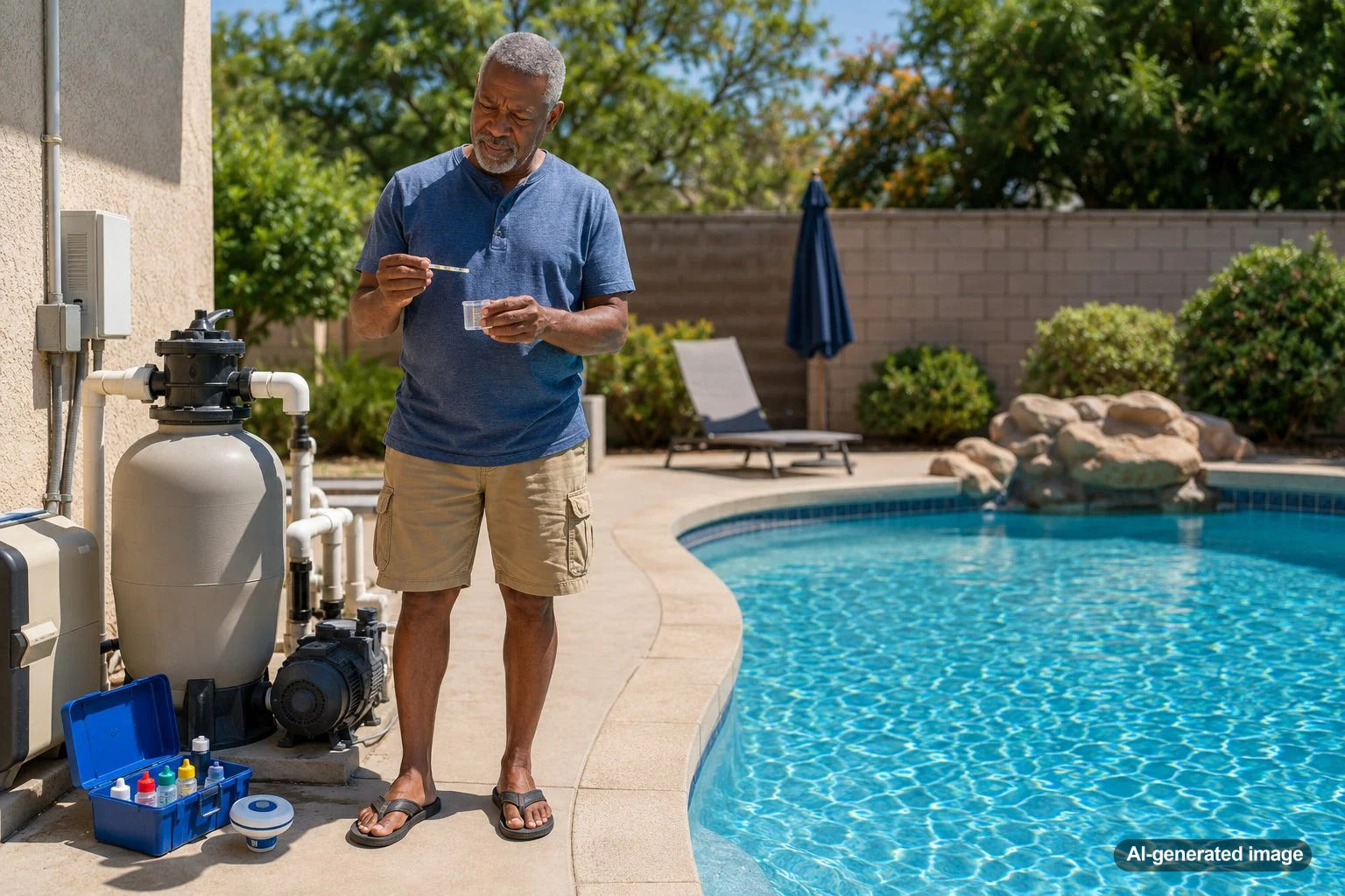 Sparkling backyard pool water with a pool test kit showing why clear water can still fail a chemistry test