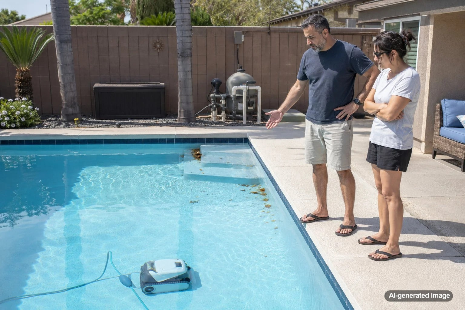 Robotic pool cleaner navigating a swimming pool while leaving certain areas uncleaned