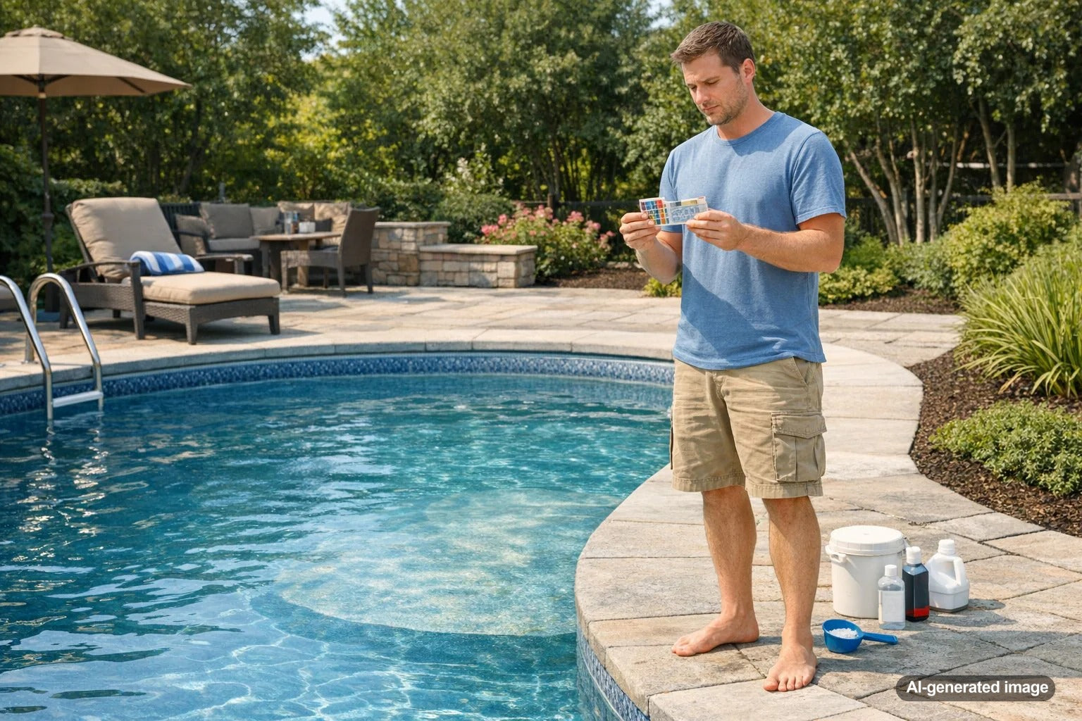 Faded vinyl pool liner near the waterline showing discoloration from sun and pool chemistry
