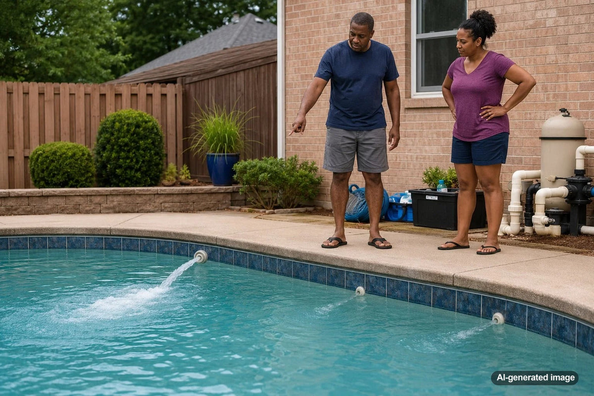 Residential swimming pool return jet creating visible water circulation near the pool wall