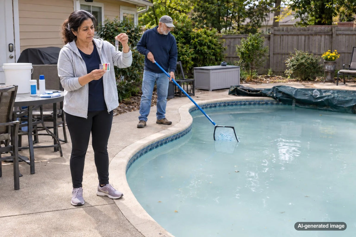 Cloudy swimming pool water immediately after seasonal opening and startup