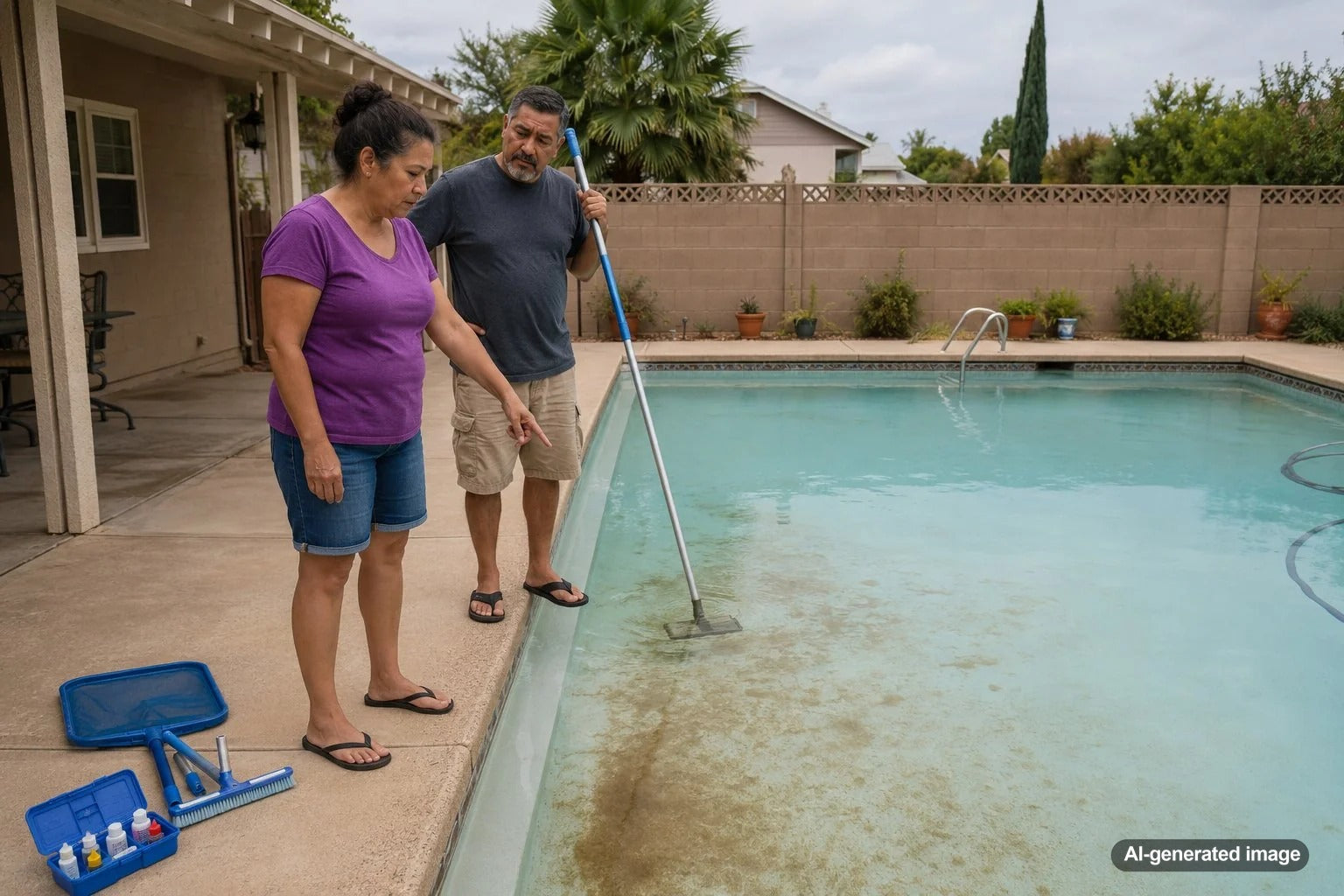 Brown dust and fine sediment settled on the bottom of a residential swimming pool