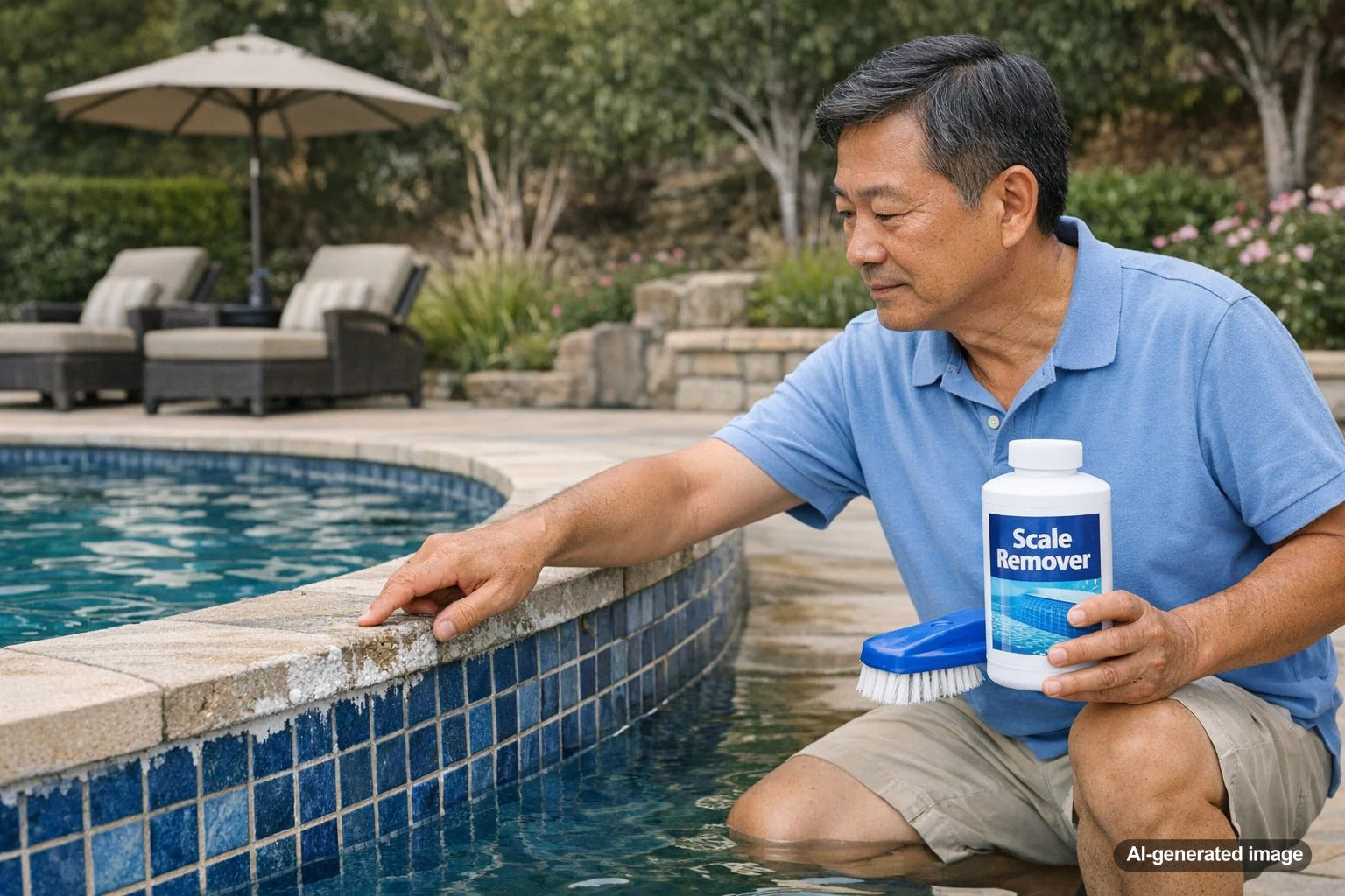 White calcium buildup and mineral scale forming along swimming pool waterline tiles