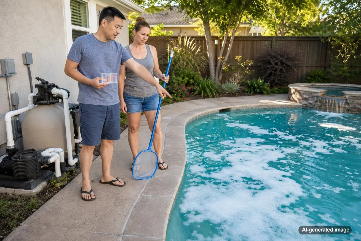 White foam and bubbles floating on the surface of a residential swimming pool