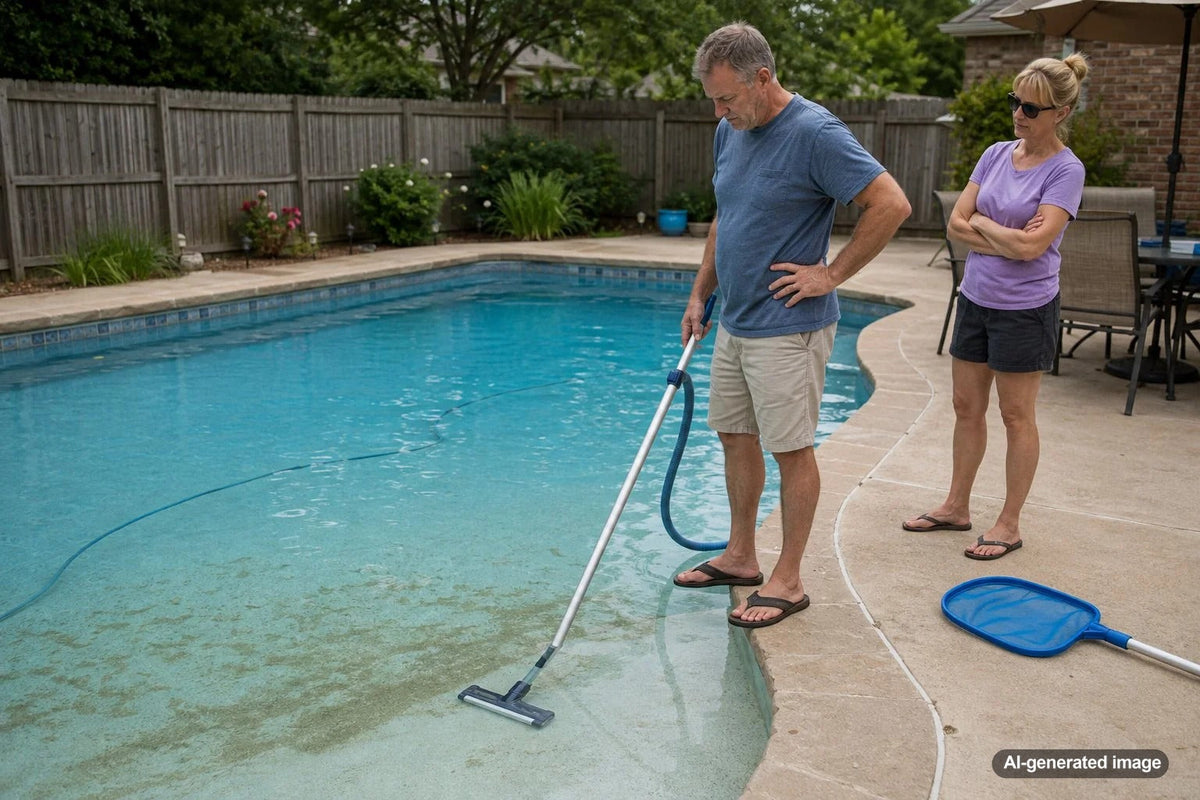 Sand and fine debris settled on the bottom of a swimming pool after vacuuming