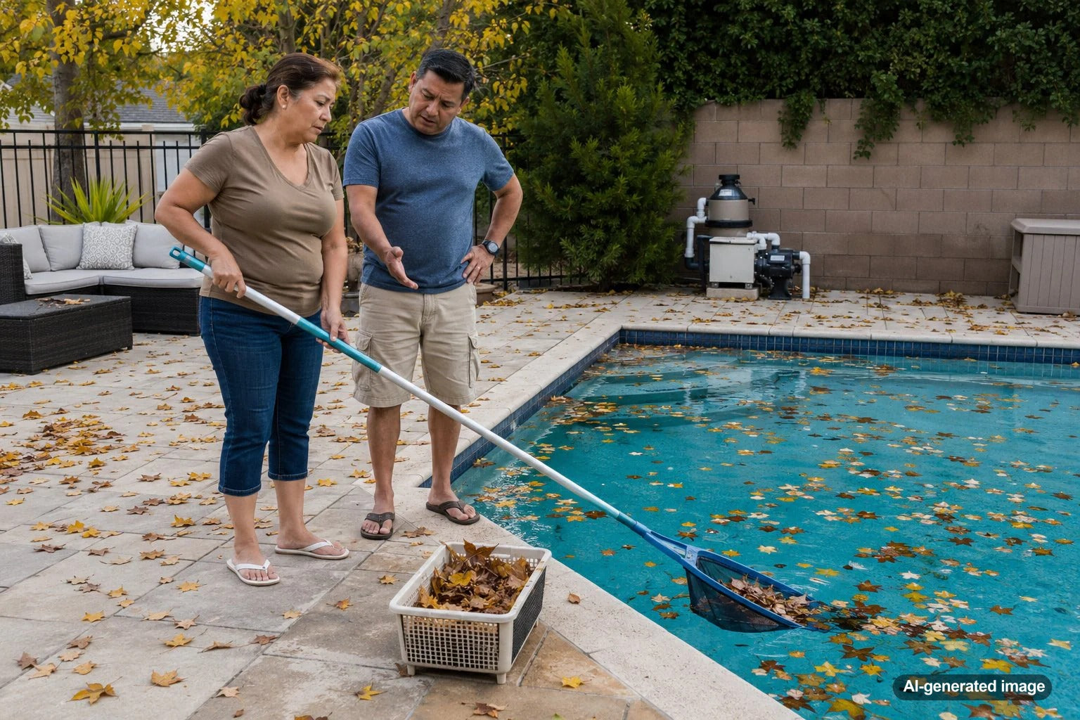 Leaves floating in a backyard swimming pool showing why pool debris can affect cleaning, water chemistry, stains, and equipment