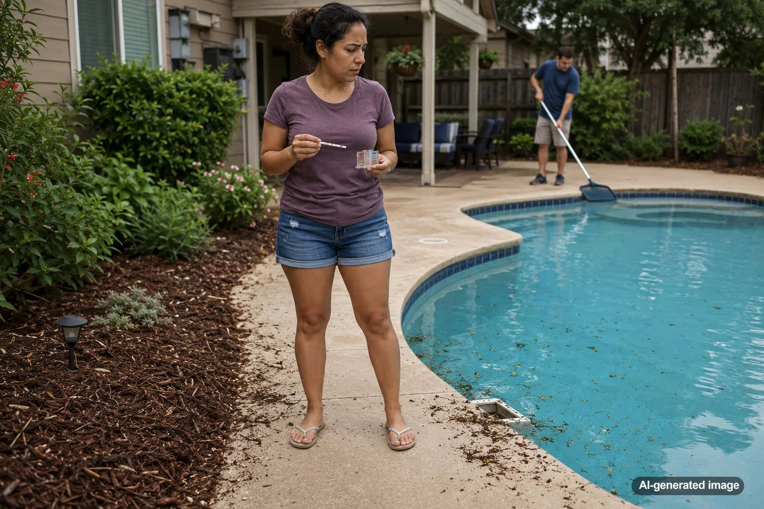 Mulch and landscaping beside a residential swimming pool where runoff and organic debris can affect water quality