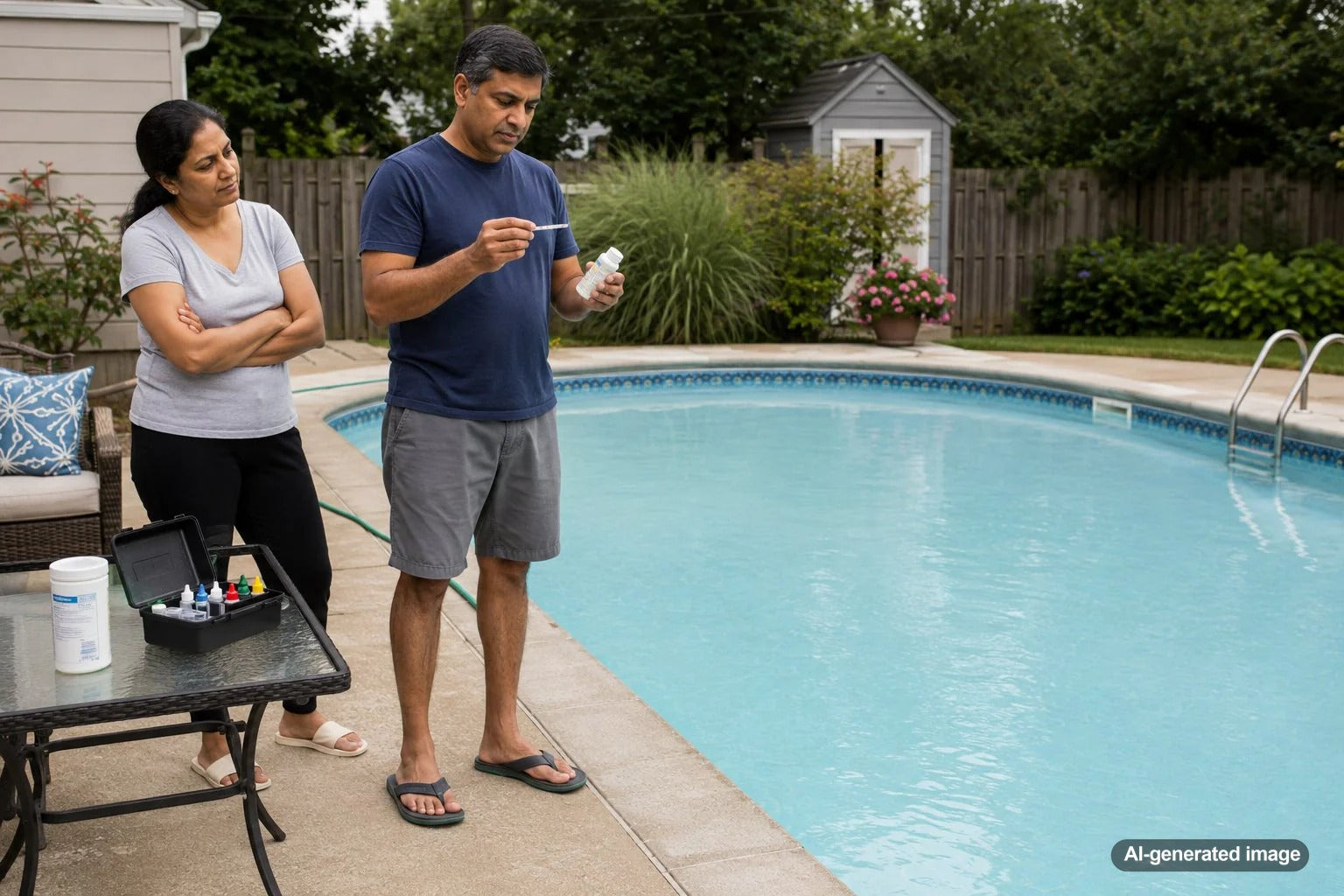 Newly filled backyard swimming pool with slightly cloudy water during pool startup and maintenance