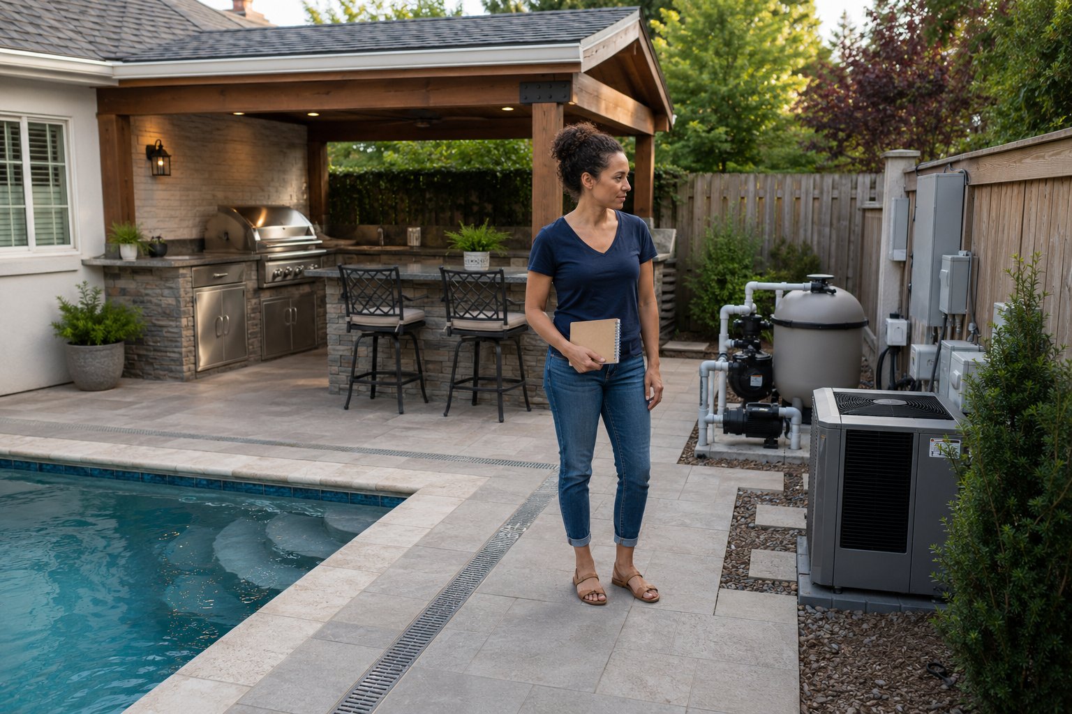 Outdoor kitchen beside a swimming pool with seating, grill space, and poolside planning considerations