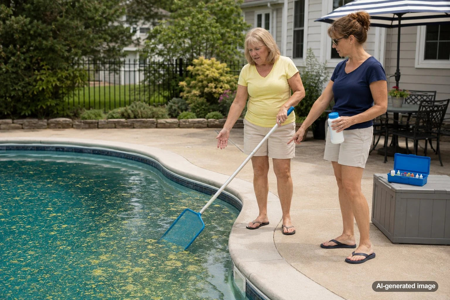 Pollen film floating on pool water during seasonal pool maintenance