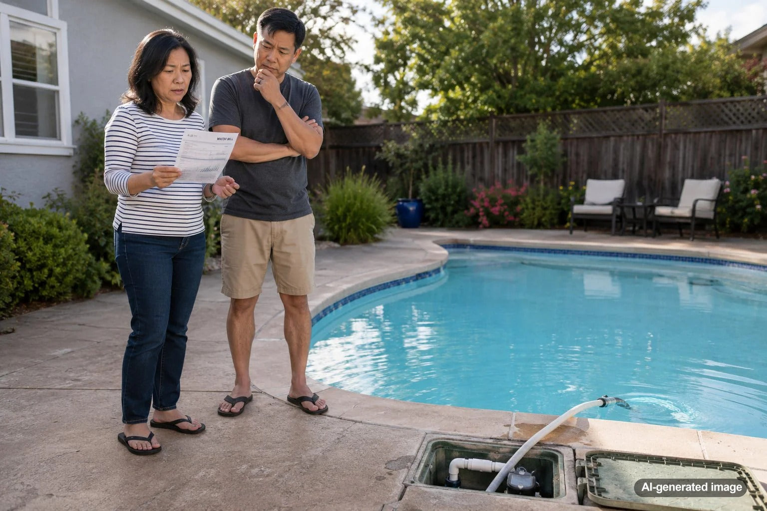 Residential swimming pool with an automatic water fill system that may conceal ongoing leak-related water loss