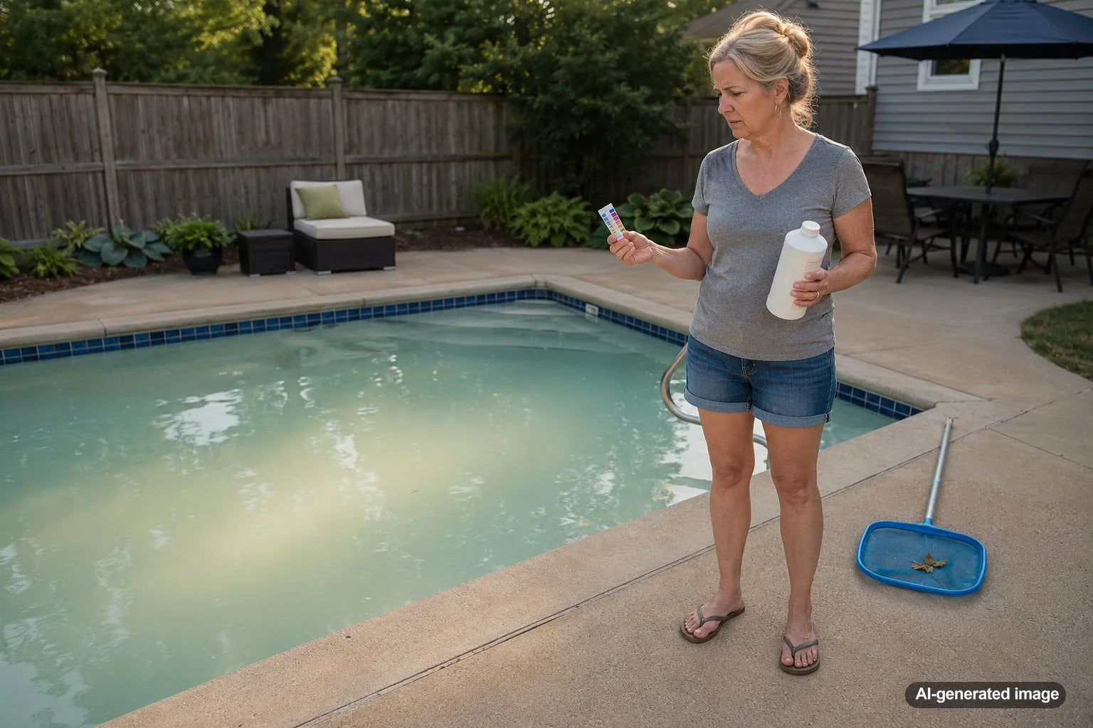 Cloudy backyard swimming pool water showing why pool clarifier can sometimes make water look worse