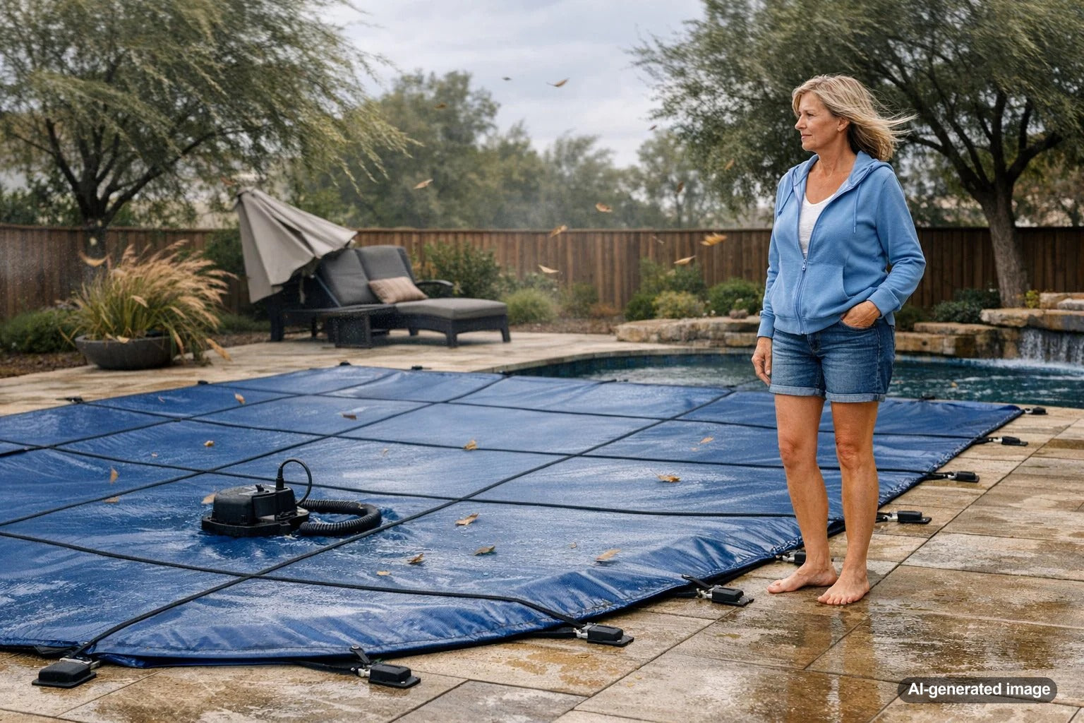 Covered backyard swimming pool protected from debris and water loss in a high-wind area