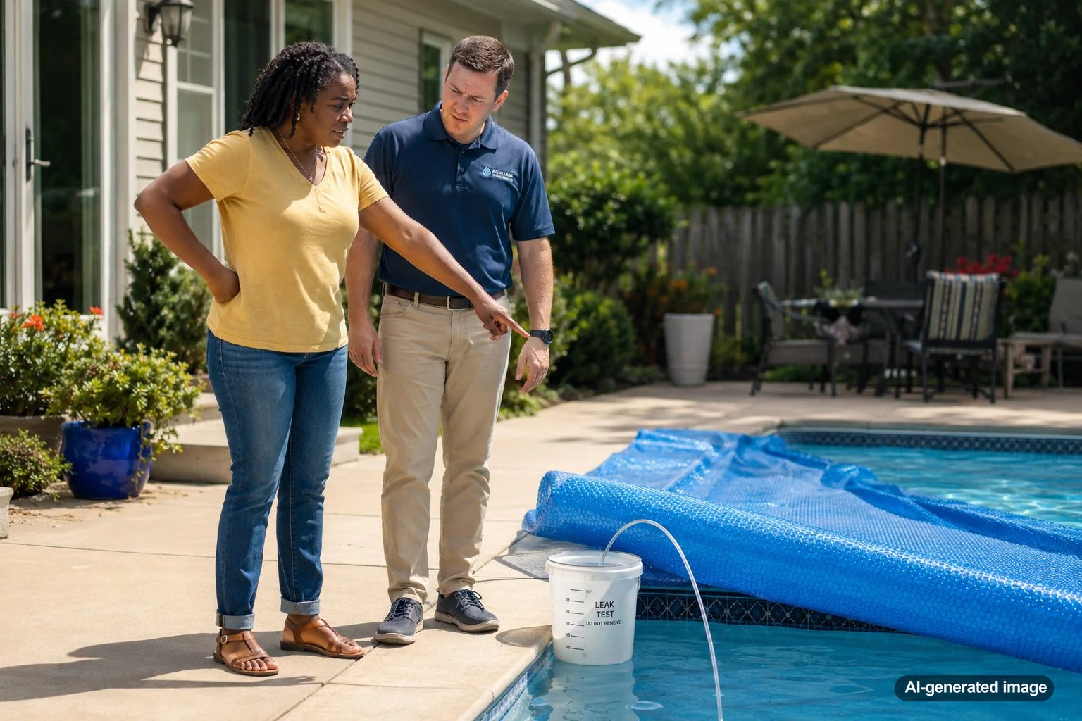 Covered residential swimming pool being monitored for unexplained water loss during a leak test