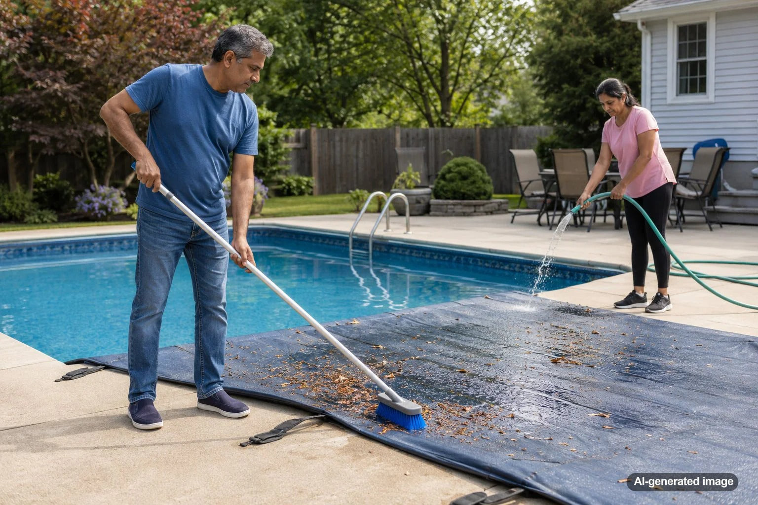 Homeowner cleaning leaves and debris from a swimming pool cover before opening the pool