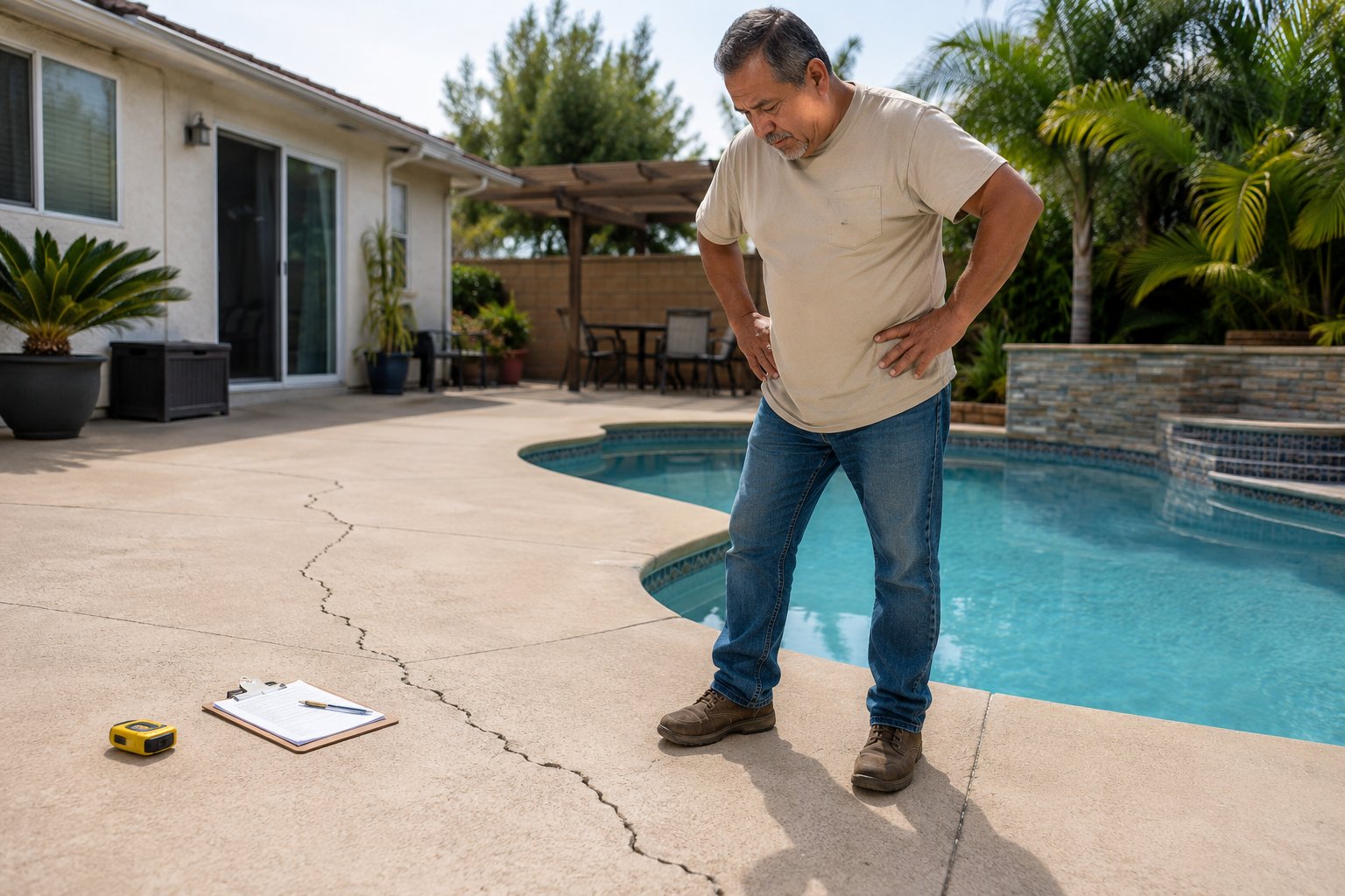 Cracked concrete pool deck showing why repaired cracks may return around a swimming pool