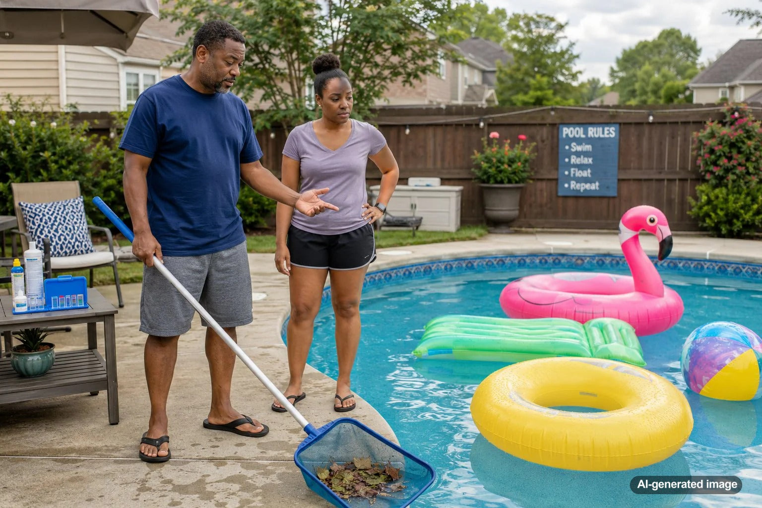 Pool floats in clean swimming pool water showing how pool accessories can affect water cleanliness