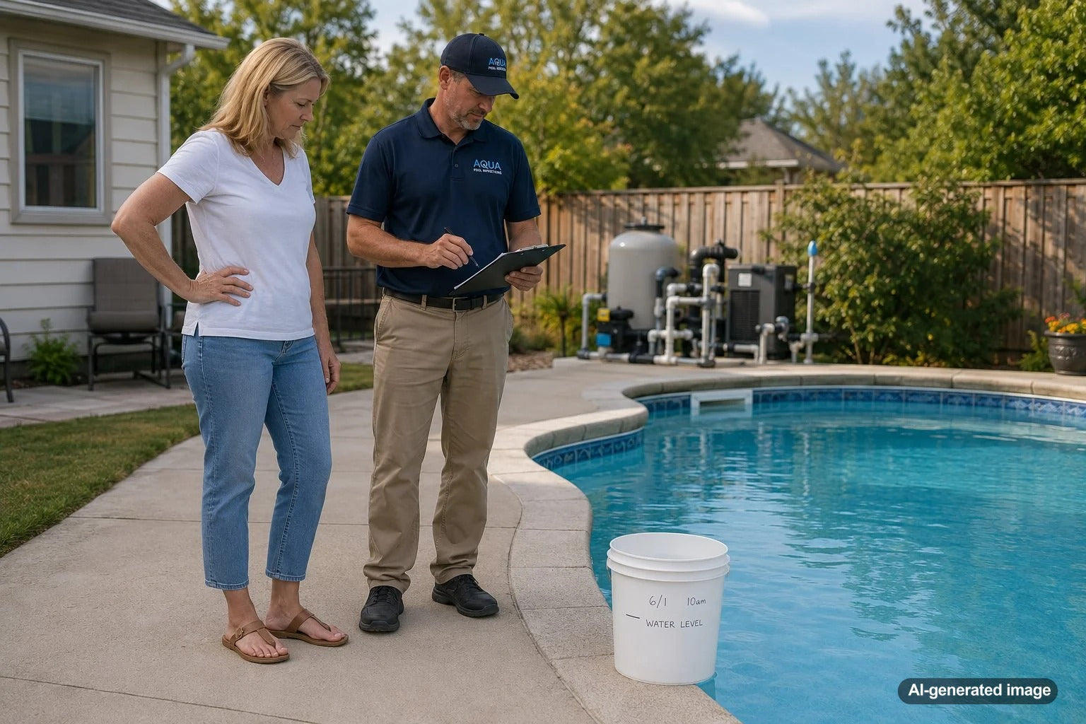 Pool inspector and homeowner checking a residential swimming pool for signs of abnormal water loss