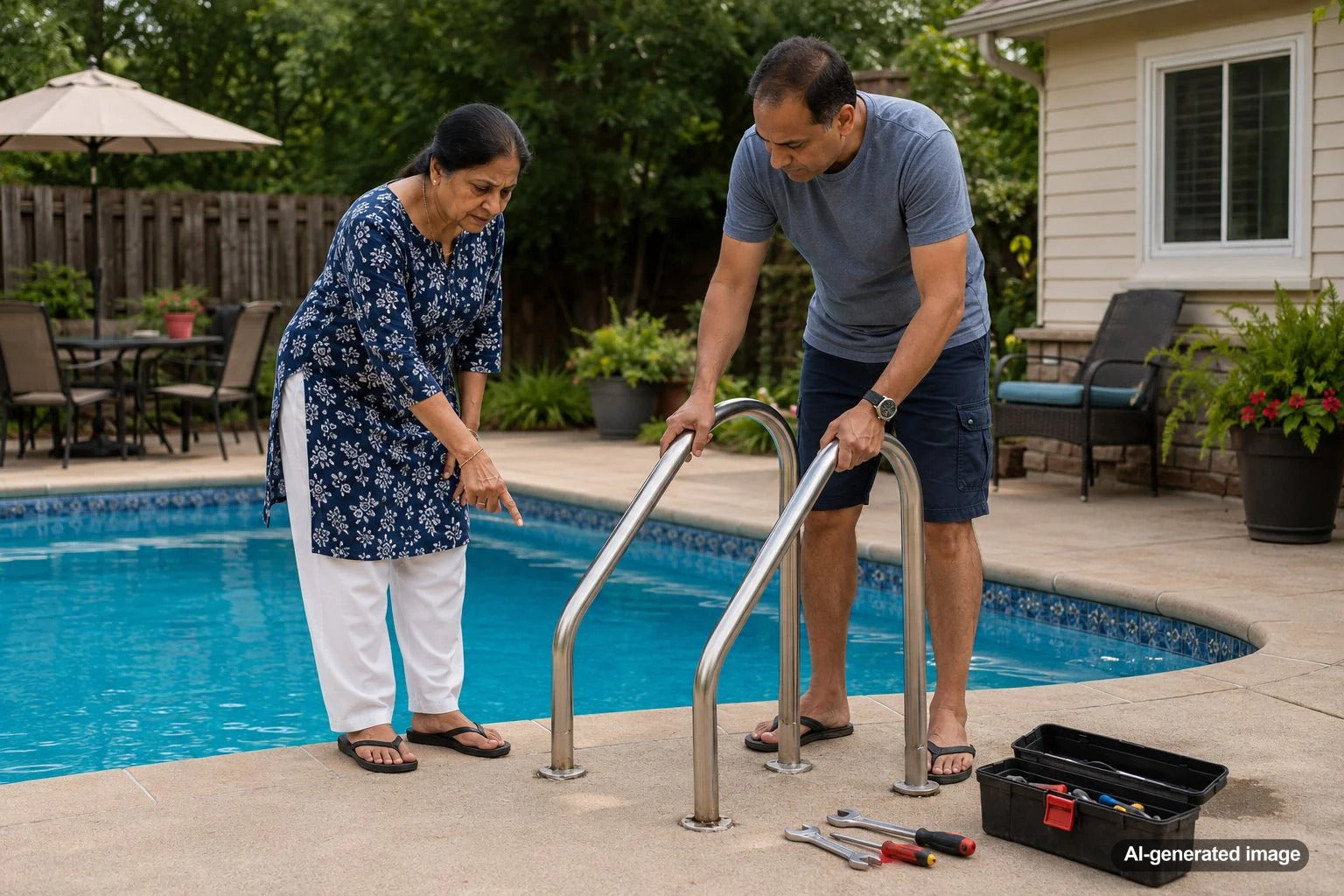 Loose swimming pool ladder with deck anchors and safety hardware near a backyard pool