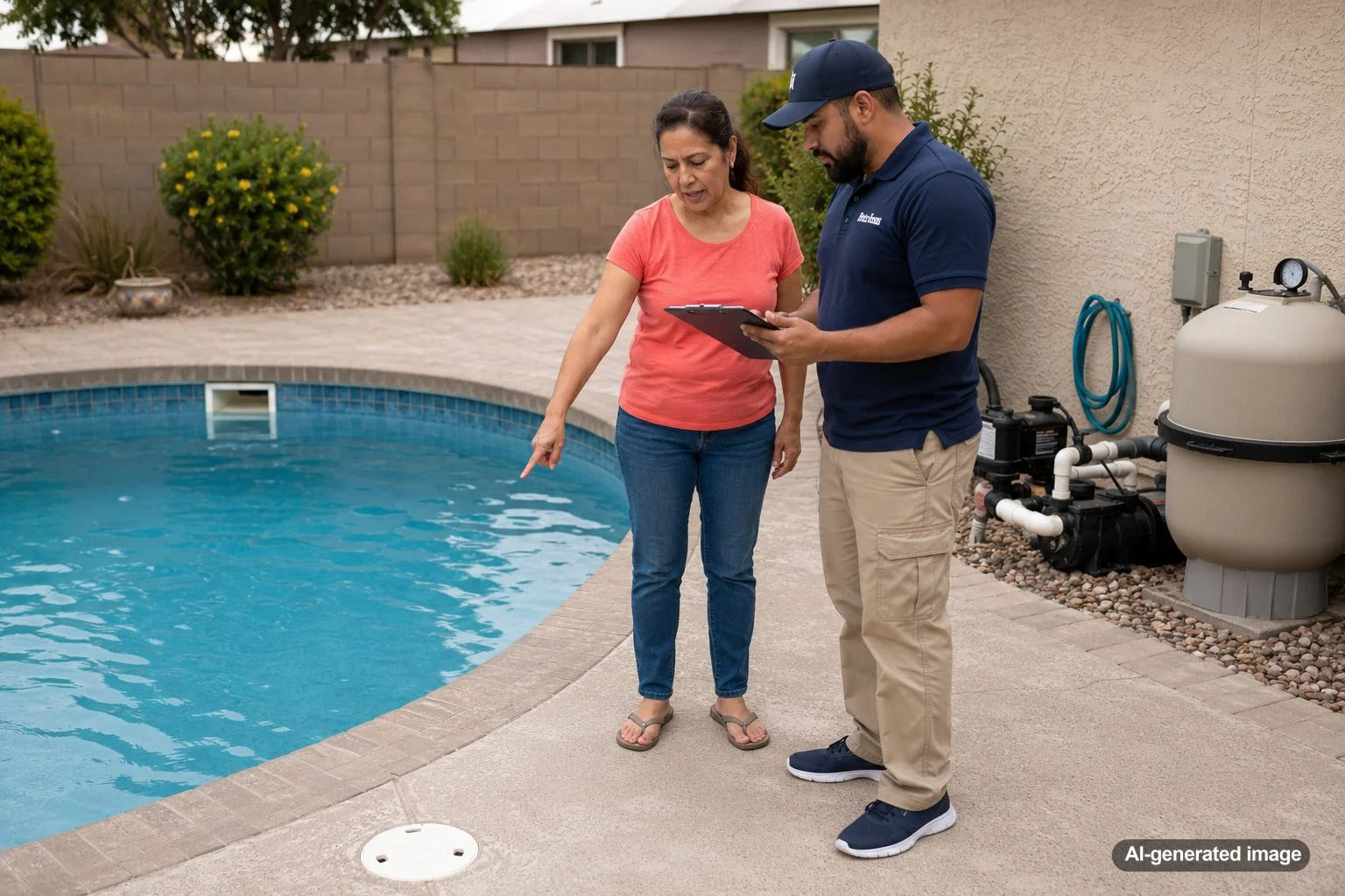 Pool owner checking leak clues in the right order around a backyard swimming pool